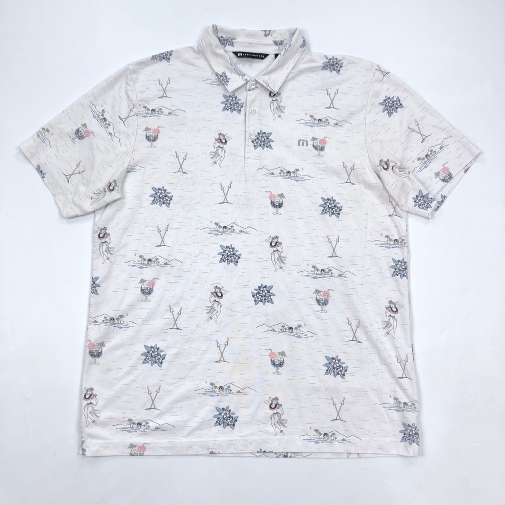 Travis Mathew Mens XL Tropical Hula Hawaii Print Polo Shirt Gray Short Sleeve